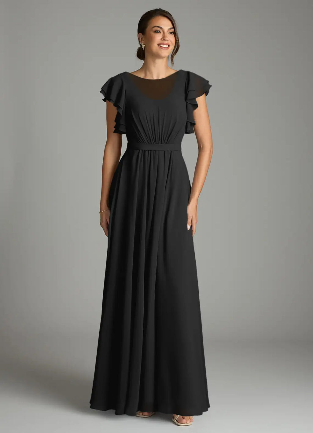 Black Chiffon A-Line Floor-Length Bridesmaid Dress with Pleated Bodice & Flutter Sleeves