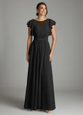 Black Chiffon A-Line Floor-Length Bridesmaid Dress with Pleated Bodice & Flutter Sleeves