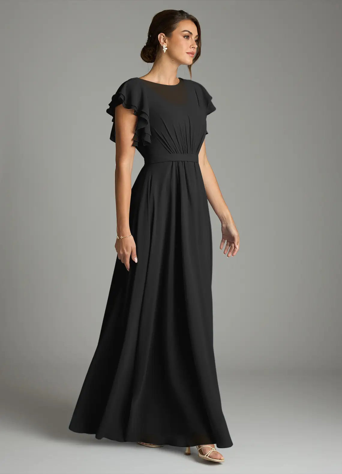 Black Chiffon A-Line Floor-Length Bridesmaid Dress with Pleated Bodice & Flutter Sleeves
