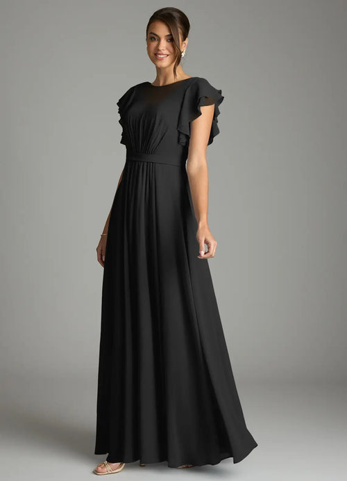 Black Chiffon A-Line Floor-Length Bridesmaid Dress with Pleated Bodice & Flutter Sleeves
