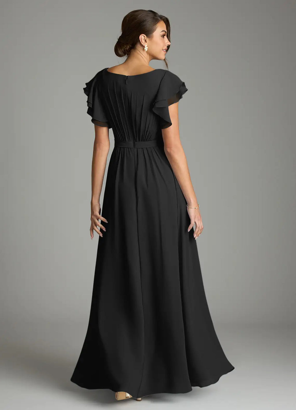 Black Chiffon A-Line Floor-Length Bridesmaid Dress with Pleated Bodice & Flutter Sleeves