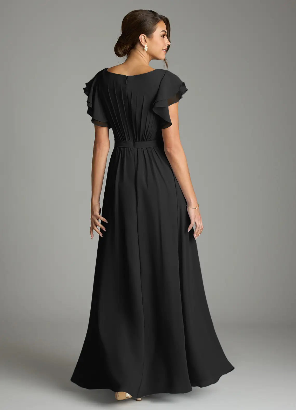 Black Chiffon A-Line Floor-Length Bridesmaid Dress with Pleated Bodice & Flutter Sleeves