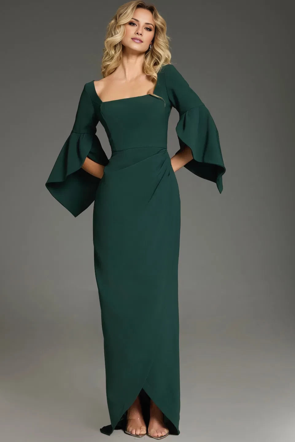 Elegant flared sleeves and floor length evening dress