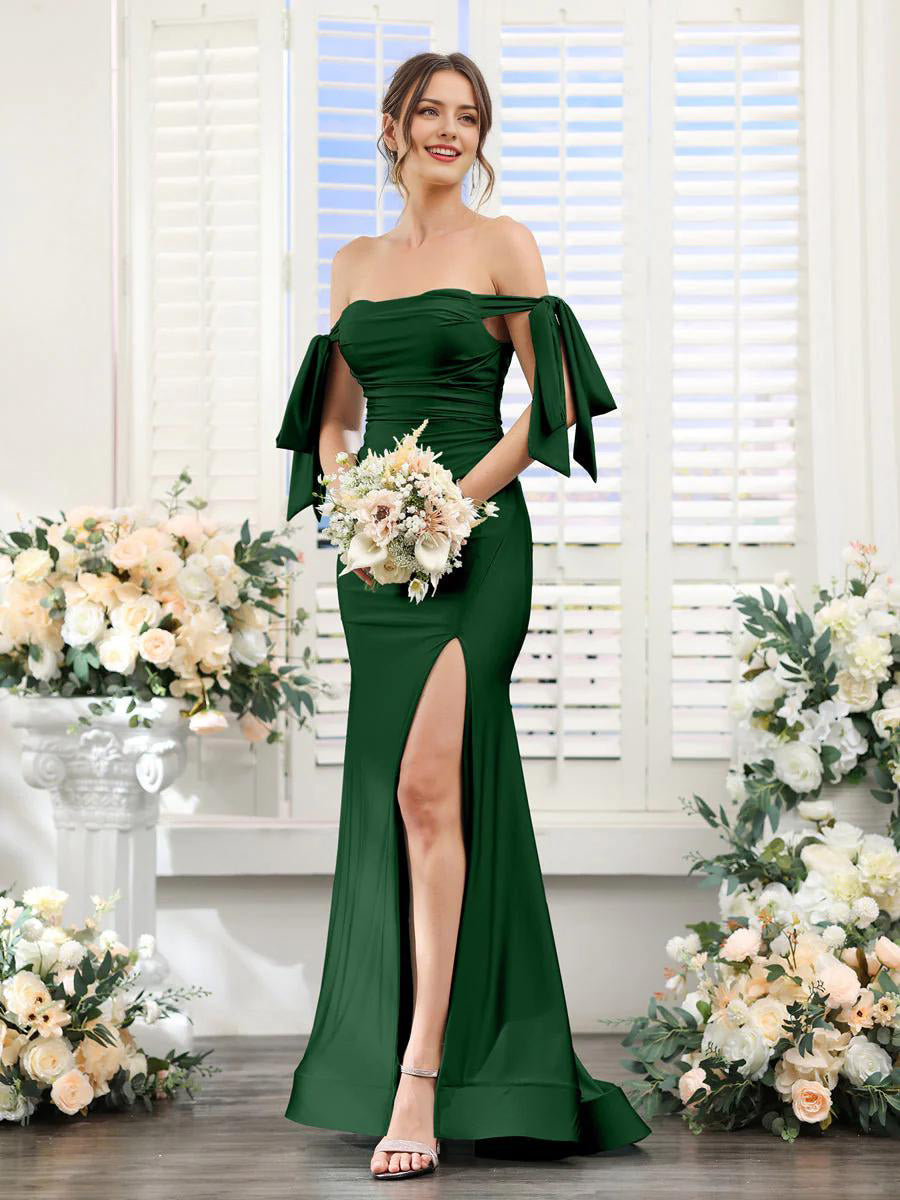 Sage Green Satin Mermaid Floor-Length Bridesmaid Dress with Ruched Bodice & High Slit