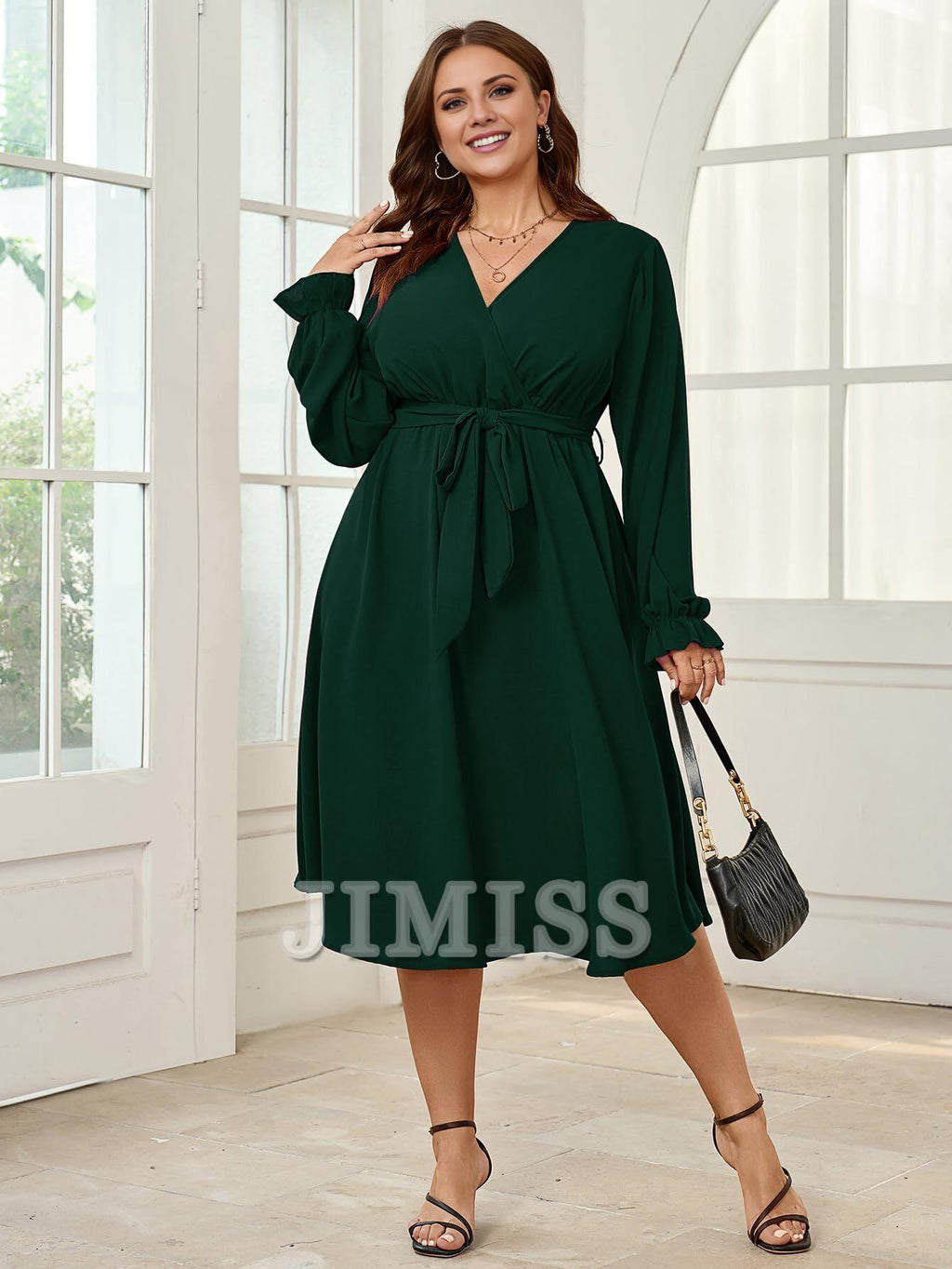 Vestido de noche de talla grande, vestido de largo medio de invierno, manga larga, cruzado, escote en V, cinturón, vestido de fiesta fluido de corte A