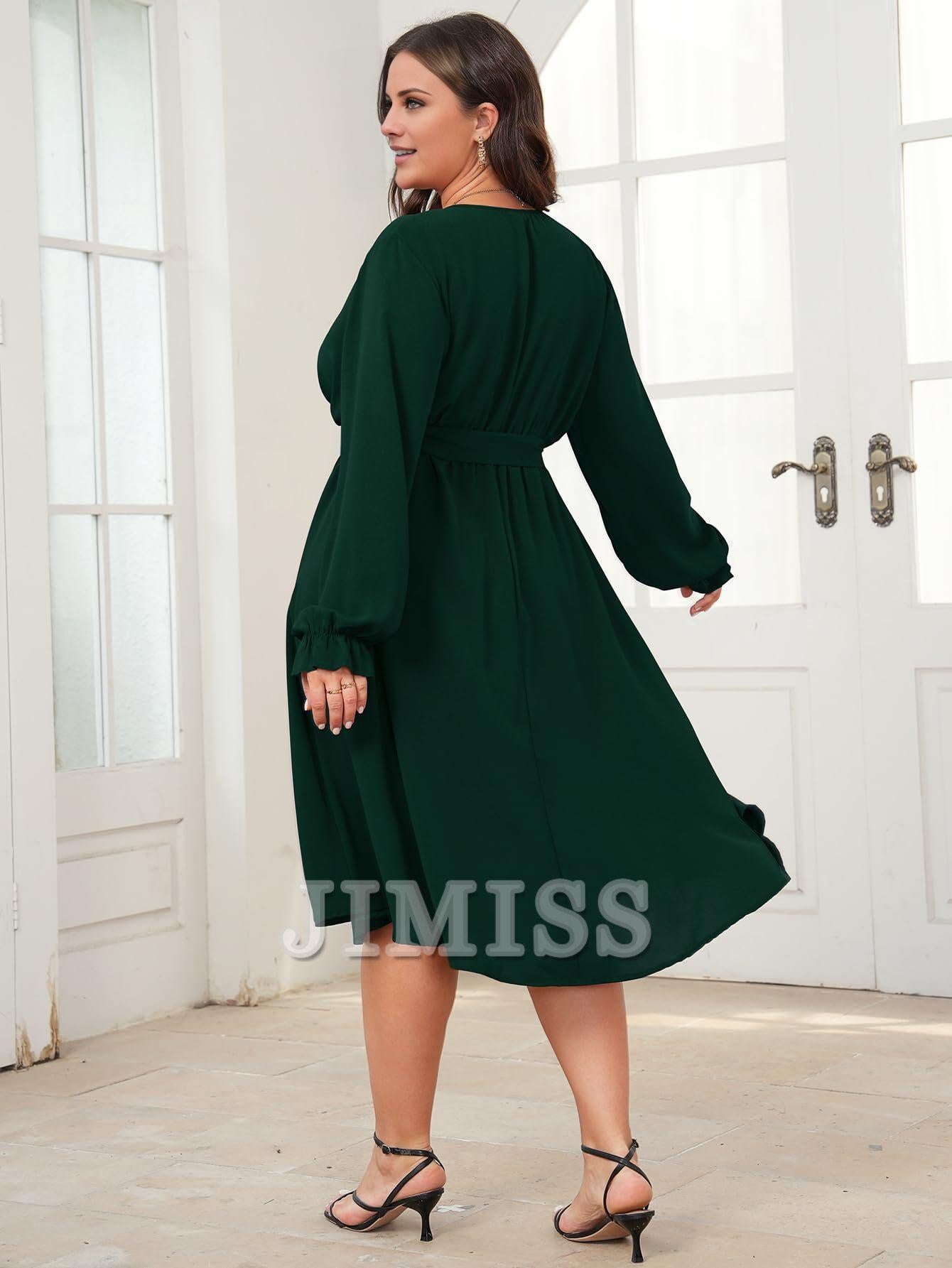 Vestido de noche de talla grande, vestido de largo medio de invierno, manga larga, cruzado, escote en V, cinturón, vestido de fiesta fluido de corte A