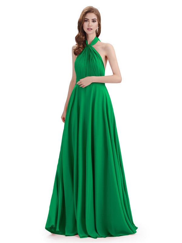 Simple A-Line High Neck Halter Sleeveless Pleats Chiffon Floor Length Bridesmaid Dresses