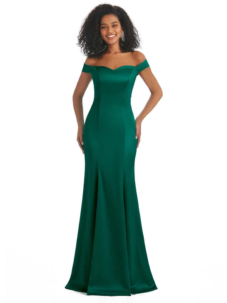 Vestidos de dama de honor largos, sencillos, de satén suave, sin mangas y con hombros descubiertos, de corte sirena