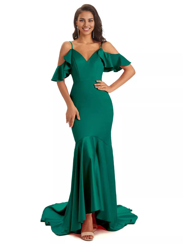Soft Satin Asymmetric Spaghetti Straps Sleeveless Mermaid Cold Shoulder Bridesmaid Dresses