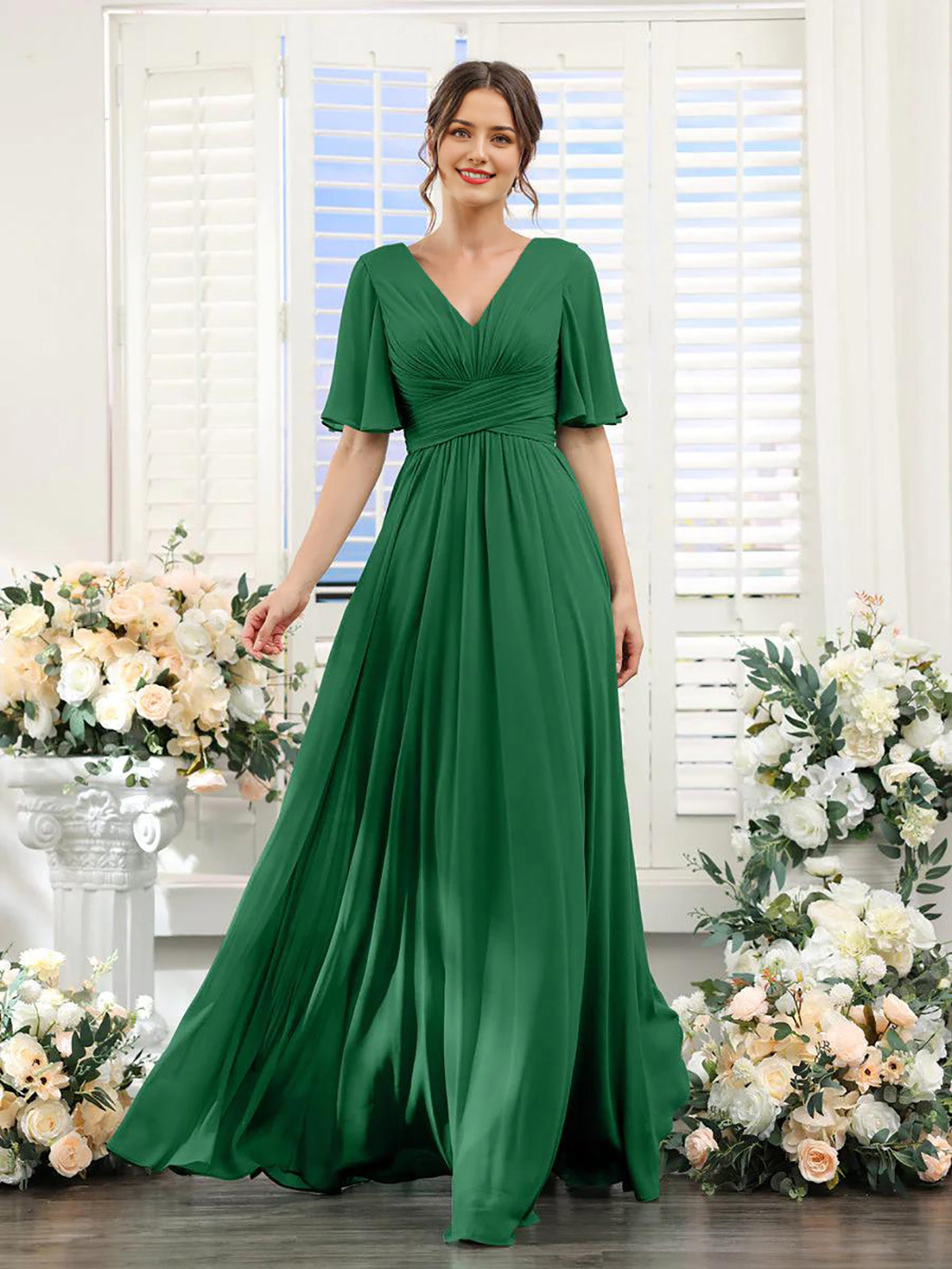 Dusty Sage Ruched Bodice Flutter Sleeves A-Line Floor-Length Bridesmaid Dress