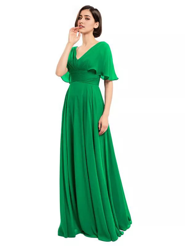 Elegantes vestidos largos de dama de honor de gasa con escote en V y mangas cortas