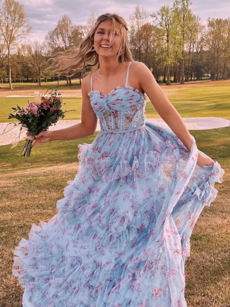 Enchanting Fairy-Tale Fitted Ball Gown Spaghetti Strap Sleeveless Backless Floor-Length Ruffled Tiered Tulle Floral Print Prom Dresses