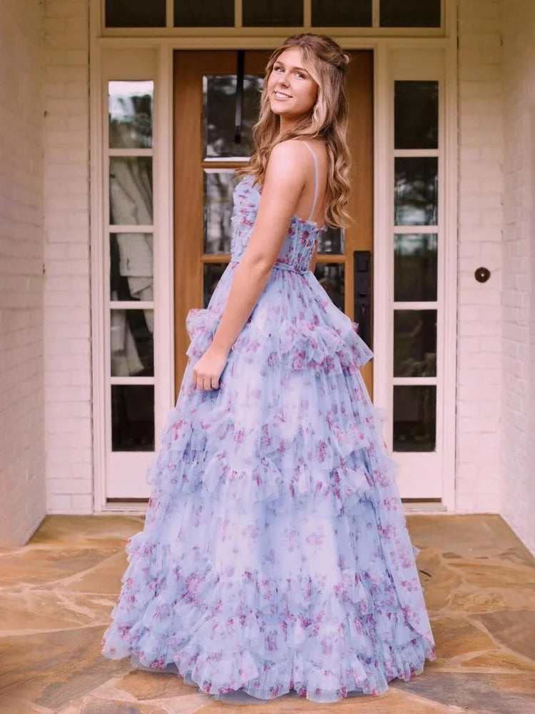 Enchanting Fairy-Tale Fitted Ball Gown Spaghetti Strap Sleeveless Backless Floor-Length Ruffled Tiered Tulle Floral Print Prom Dresses
