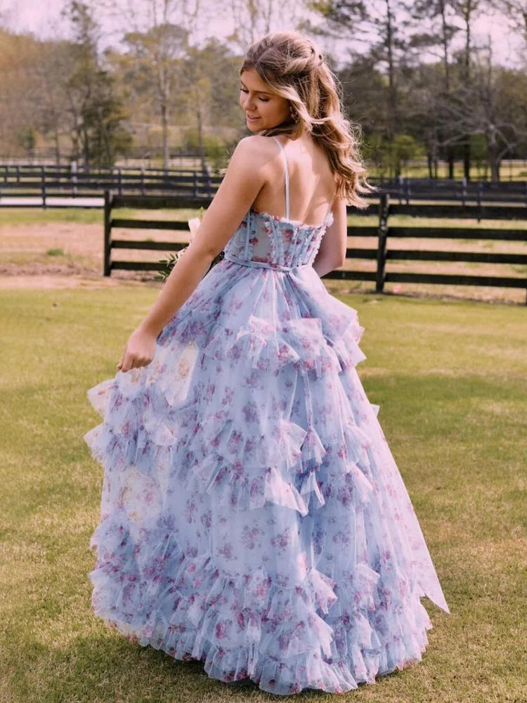 Enchanting Fairy-Tale Fitted Ball Gown Spaghetti Strap Sleeveless Backless Floor-Length Ruffled Tiered Tulle Floral Print Prom Dresses