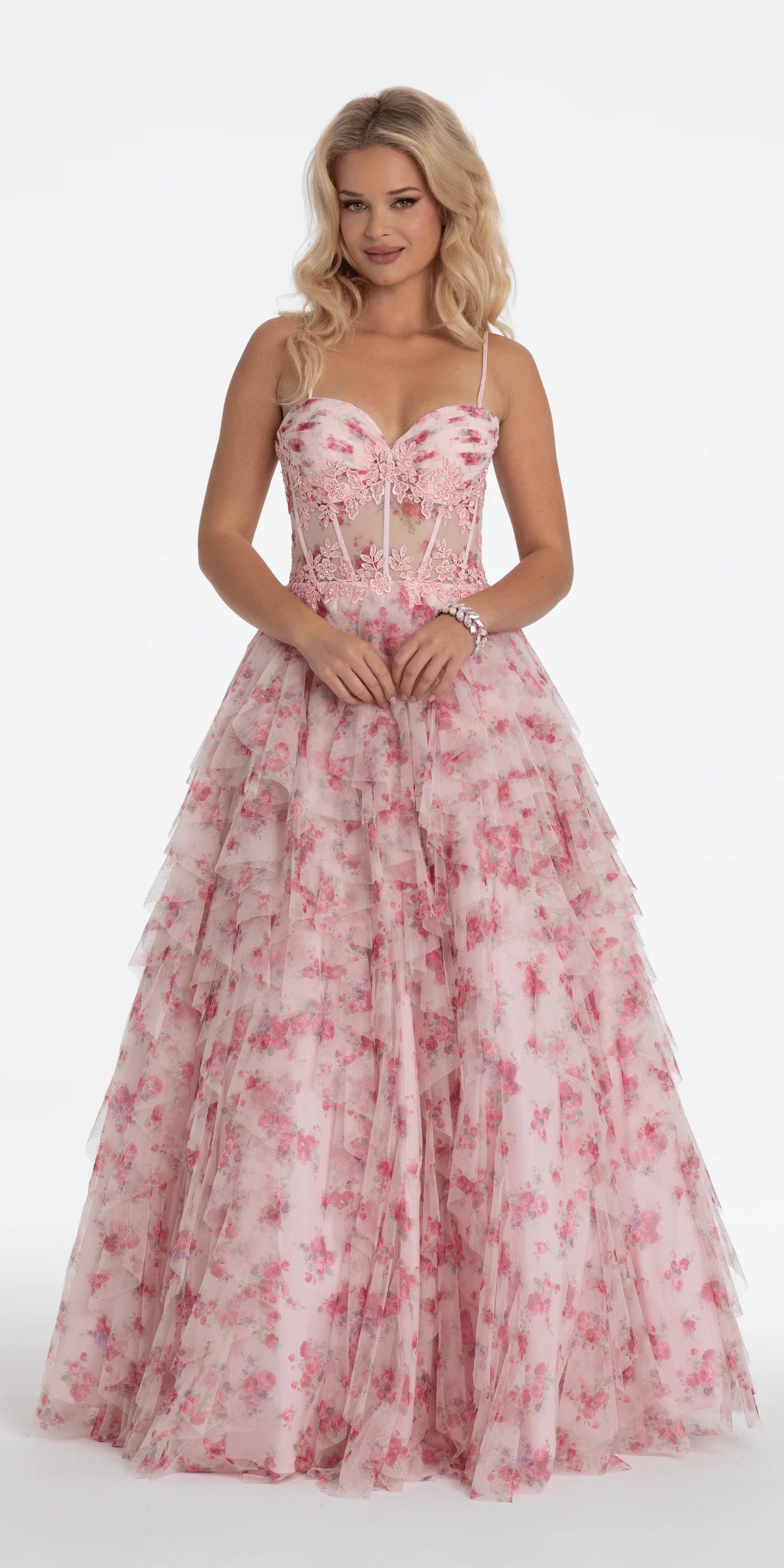 Enchanting Floral Ball Gown Sweetheart Neck Spaghetti Strap Lace-Up Back Tiered Tulle Prom Dress