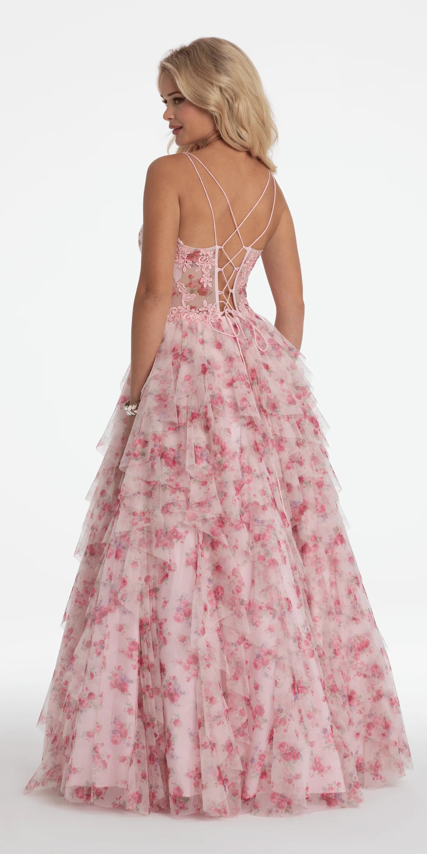 Enchanting Floral Ball Gown Sweetheart Neck Spaghetti Strap Lace-Up Back Tiered Tulle Prom Dress