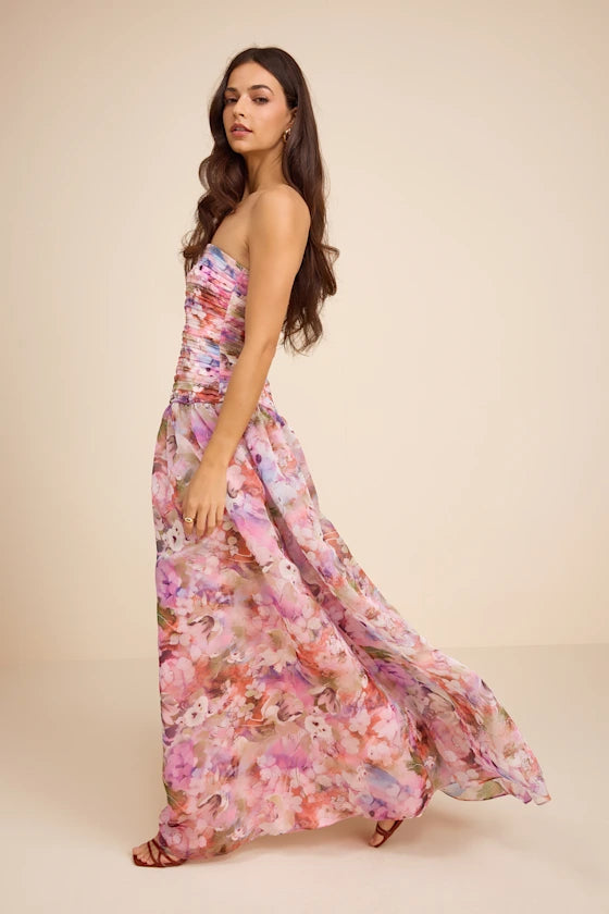 Enchanting Floral Print Chiffon Maxi Strapless Ruched Sleeveless Zipper Back Prom Dresses