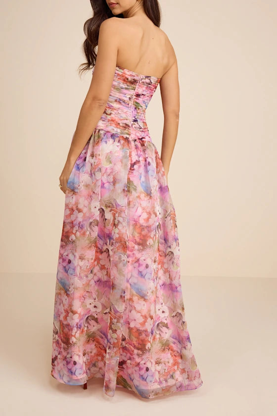 Enchanting Floral Print Chiffon Maxi Strapless Ruched Sleeveless Zipper Back Prom Dresses