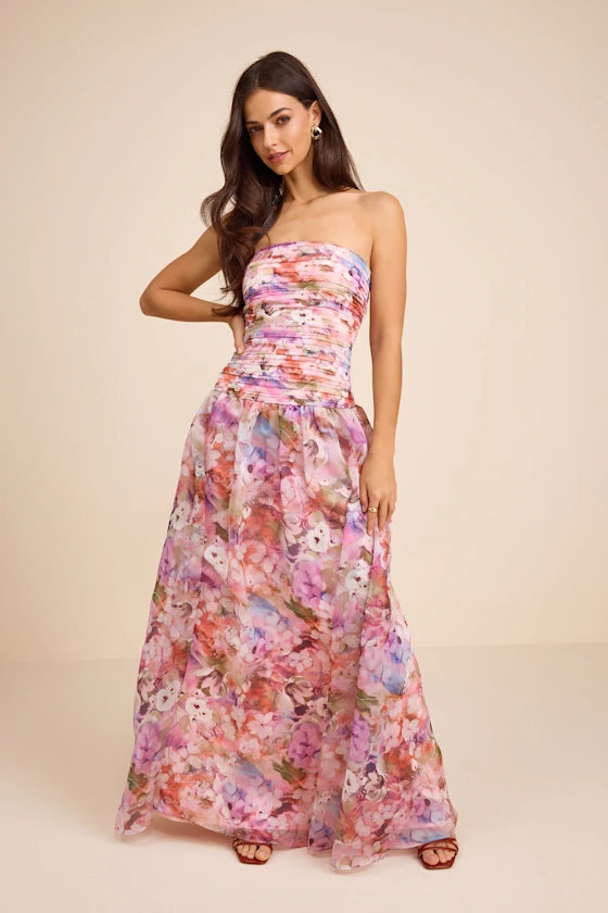 Enchanting Floral Print Chiffon Maxi Strapless Ruched Sleeveless Zipper Back Prom Dresses