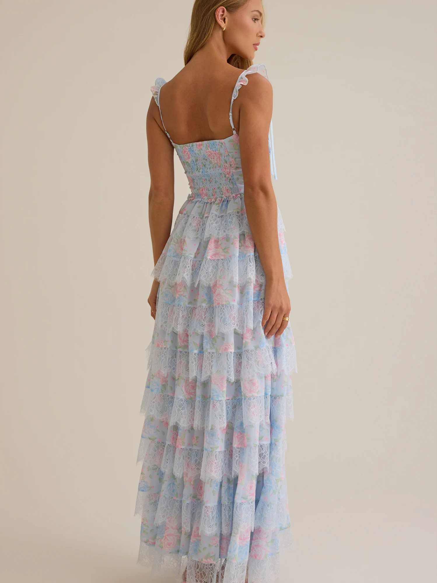 Enchanting Floral Print Corset Lace Ruffle Tiered Maxi Prom Dresses