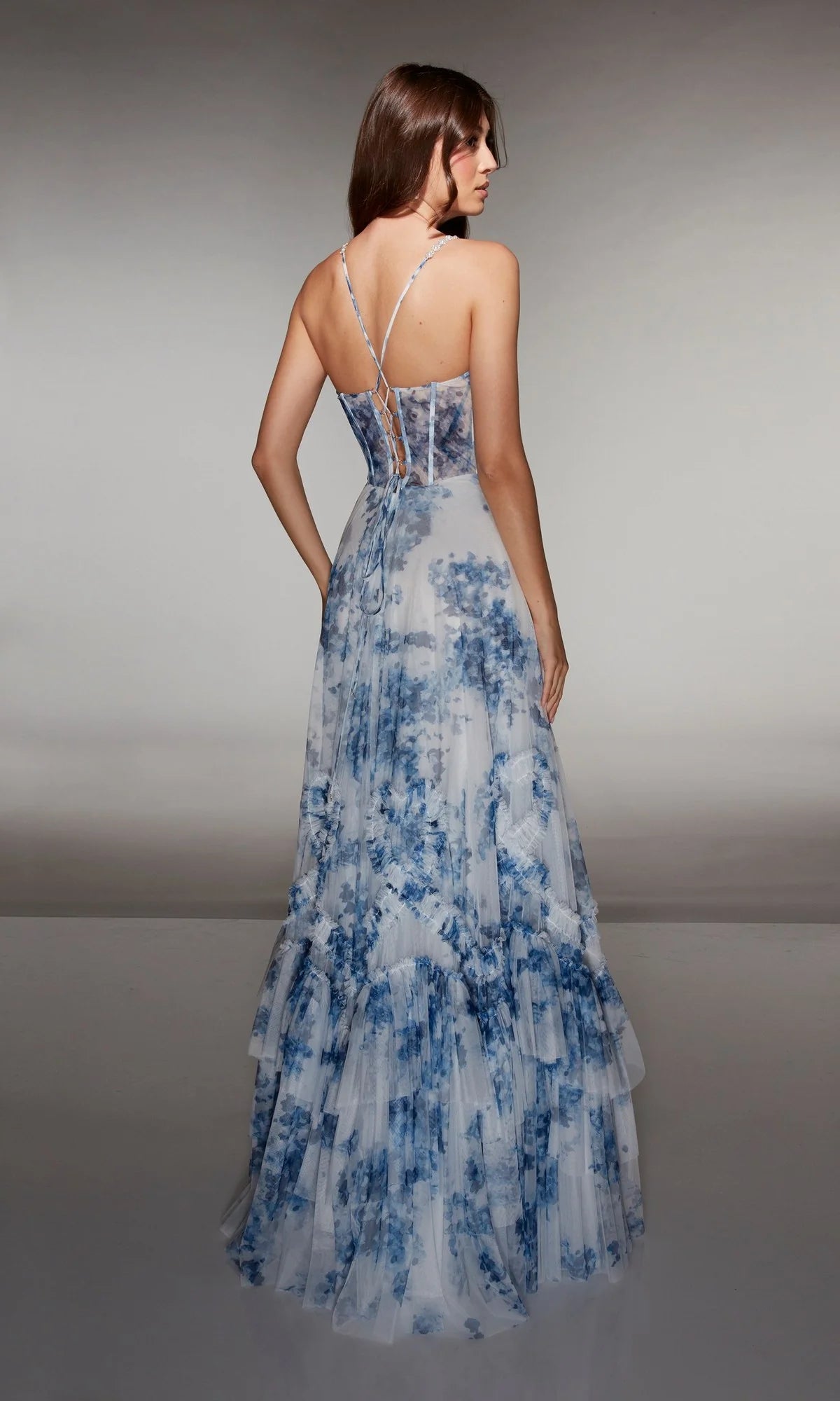 Enchanting Floral Print Tulle A-Line Spaghetti Strap Corset Ruffled Tiered Prom Dresses