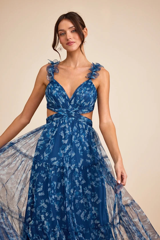 Enchanting Floral Print Tulle Maxi V-Neck Ruffle Sleeve Cutout Detail Formal Evening Prom Dresses