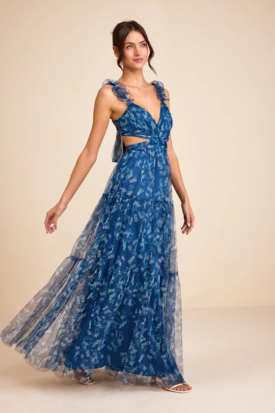 Enchanting Floral Print Tulle Maxi V-Neck Ruffle Sleeve Cutout Detail Formal Evening Prom Dresses