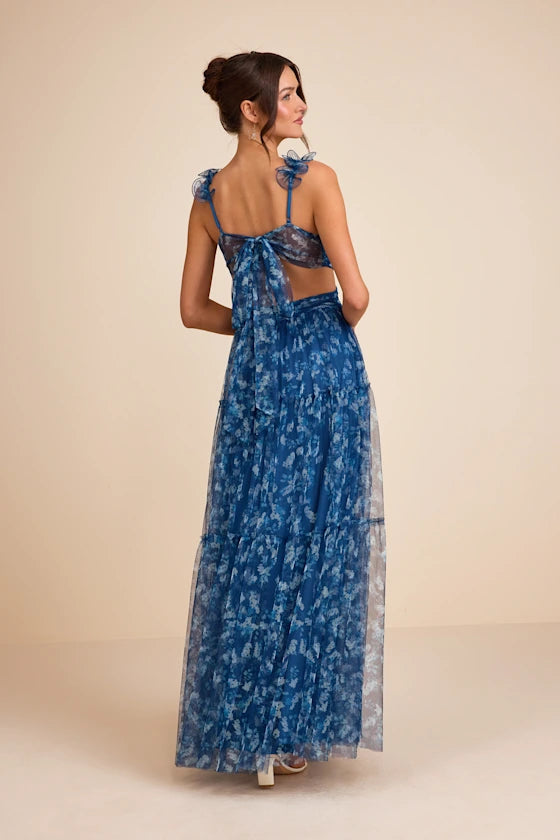 Enchanting Floral Print Tulle Maxi V-Neck Ruffle Sleeve Cutout Detail Formal Evening Prom Dresses