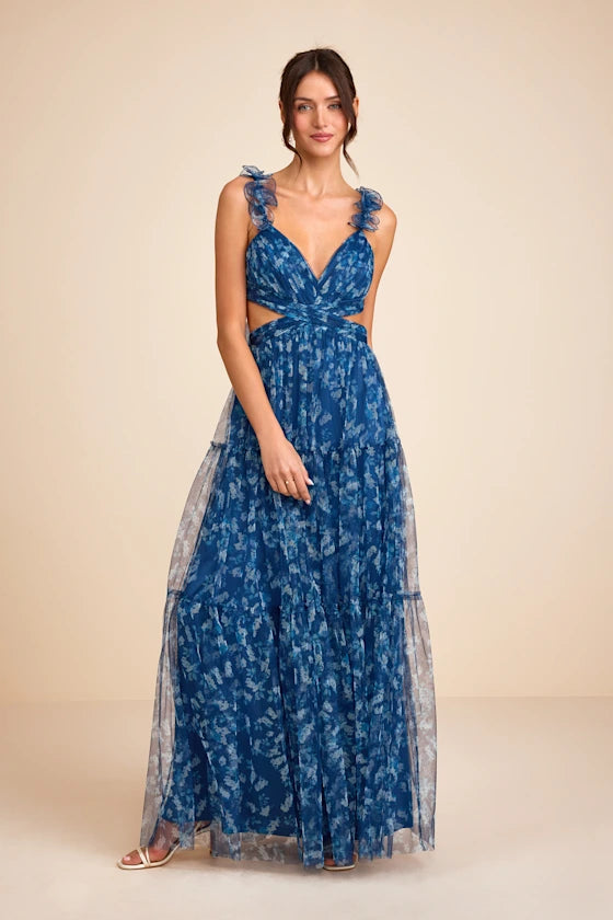 Enchanting Floral Print Tulle Maxi V-Neck Ruffle Sleeve Cutout Detail Formal Evening Prom Dresses