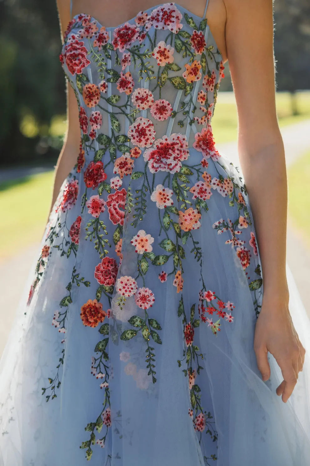 Enchanting Light Blue Tulle A-Line Spaghetti Strap Sweetheart Neck Floral Embroidery Prom Dresses