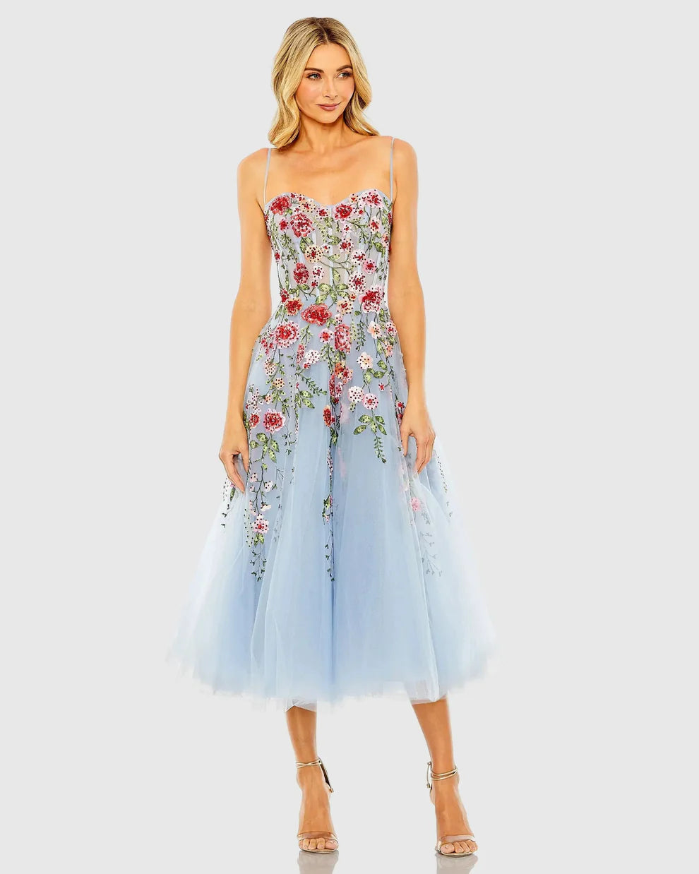 Enchanting Light Blue Tulle A-Line Spaghetti Strap Sweetheart Neck Floral Embroidery Prom Dresses