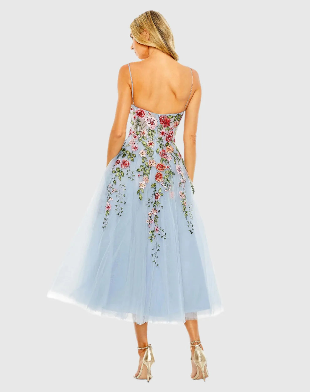 Enchanting Light Blue Tulle A-Line Spaghetti Strap Sweetheart Neck Floral Embroidery Prom Dresses