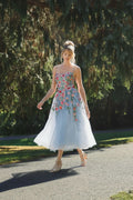 Dusty Blue Floral Embroidered Tulle A-Line Tea-Length Dress