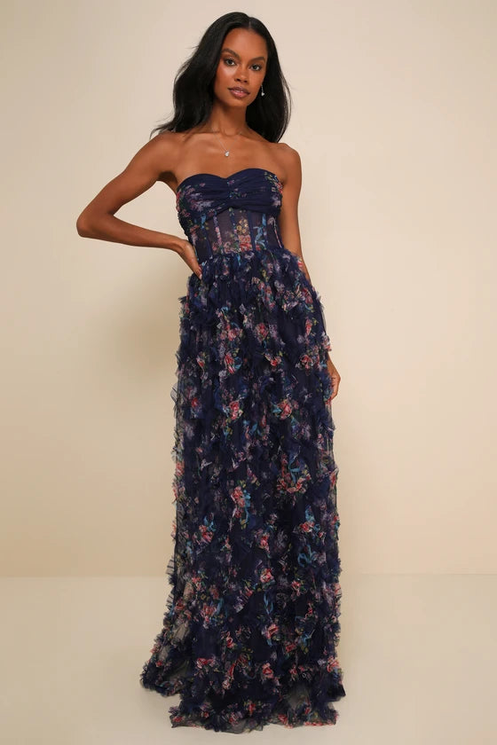 Enchanting Navy Floral Tulle Ruffled Strapless Sweetheart Neck Floor-Length Prom Dresses