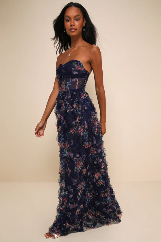 Enchanting Navy Floral Tulle Ruffled Strapless Sweetheart Neck Floor-Length Prom Dresses