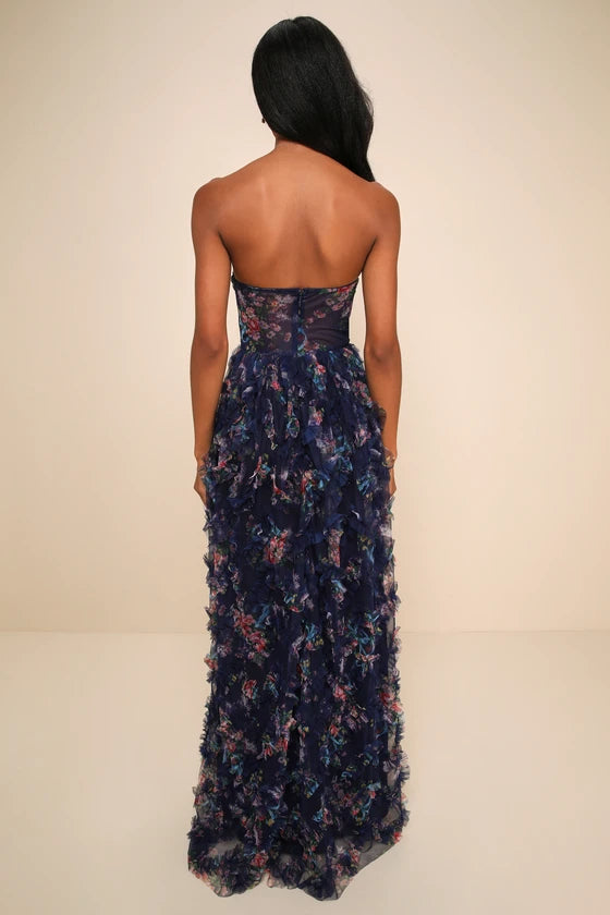 Enchanting Navy Floral Tulle Ruffled Strapless Sweetheart Neck Floor-Length Prom Dresses