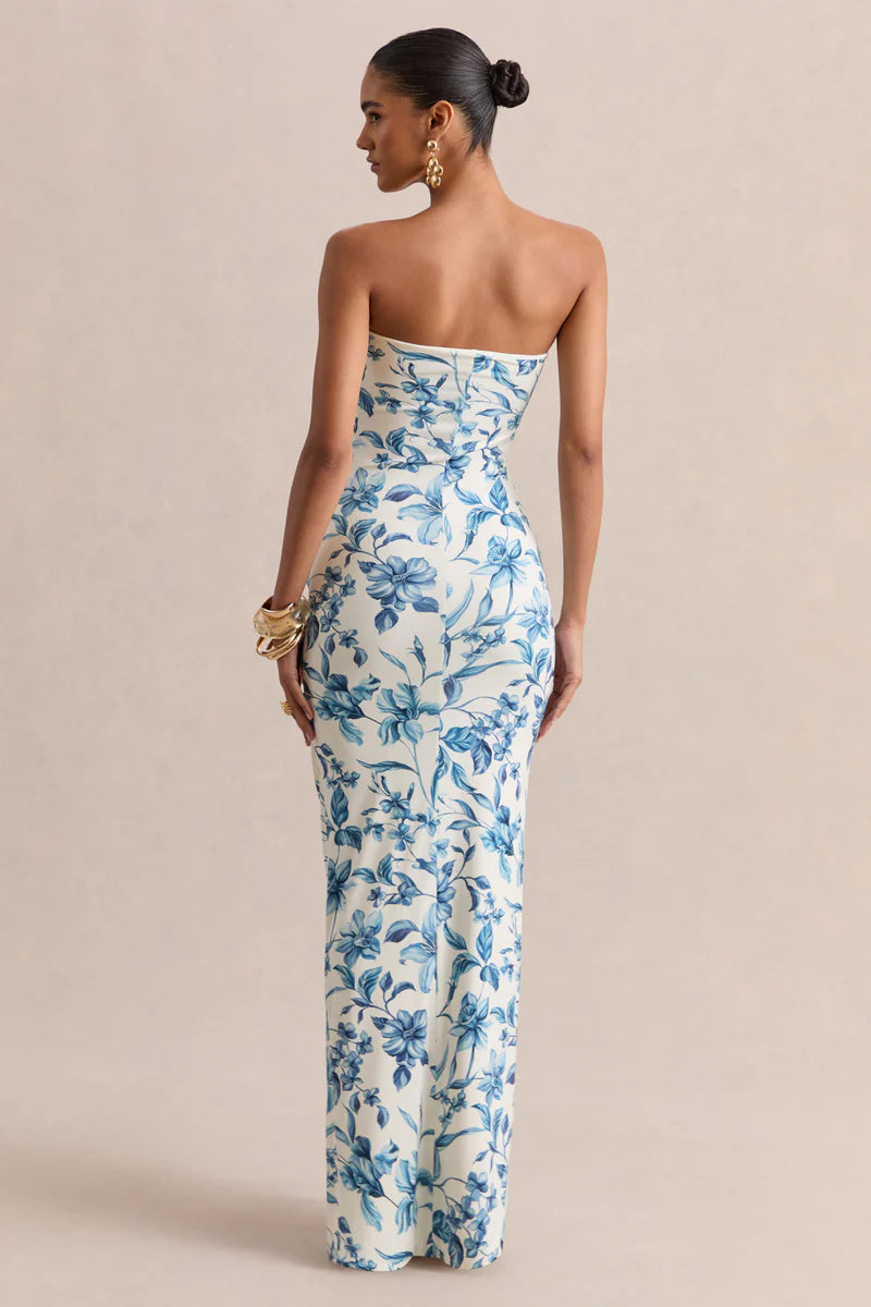 Enchanting Timeless Fitted A-Line Strapless Sleeveless Back Zipper Floor-Length Ruched Floral Print Prom Dresses