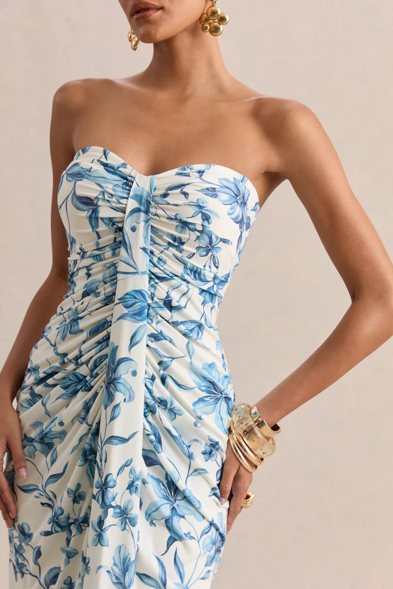 Enchanting Timeless Fitted A-Line Strapless Sleeveless Back Zipper Floor-Length Ruched Floral Print Prom Dresses