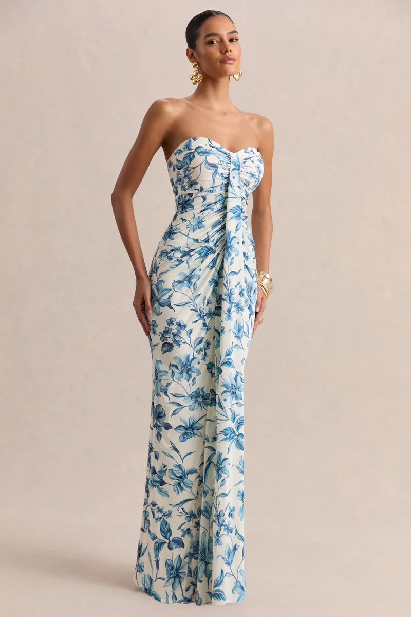Enchanting Timeless Fitted A-Line Strapless Sleeveless Back Zipper Floor-Length Ruched Floral Print Prom Dresses