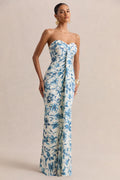 Blue Satin Sheath/column Floor-Length Evening Dress with Ruched Bodice and Draped Skirt