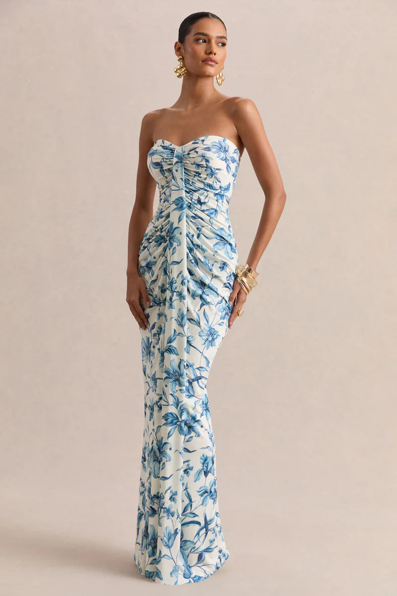 Enchanting Timeless Fitted A-Line Strapless Sleeveless Back Zipper Floor-Length Ruched Floral Print Prom Dresses