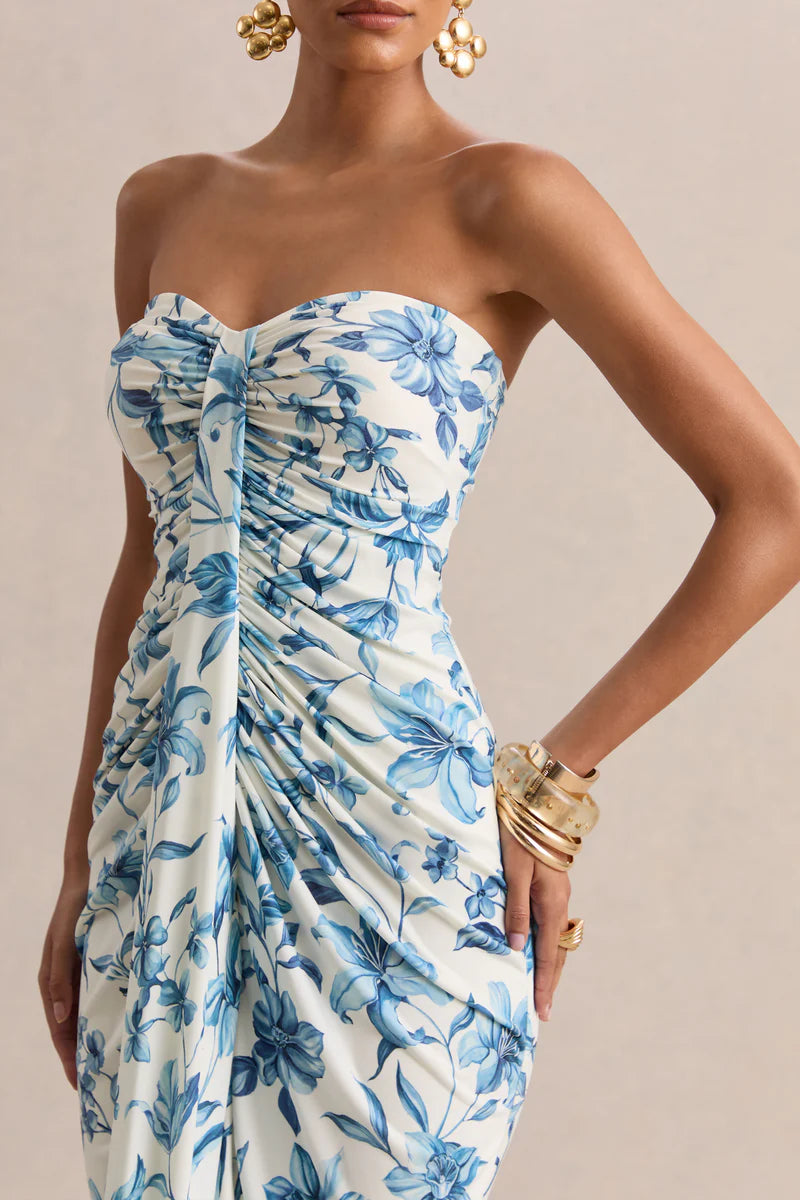 Enchanting Timeless Fitted A-Line Strapless Sleeveless Back Zipper Floor-Length Ruched Floral Print Prom Dresses