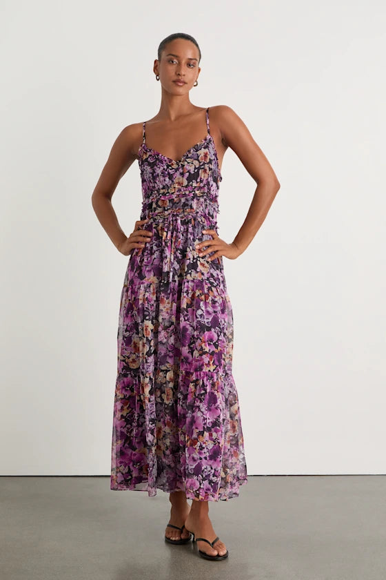 Enchanting Watercolor Floral Print Chiffon Maxi V-Neck Spaghetti Strap Ruffle Tiered Formal Evening Prom Dresses