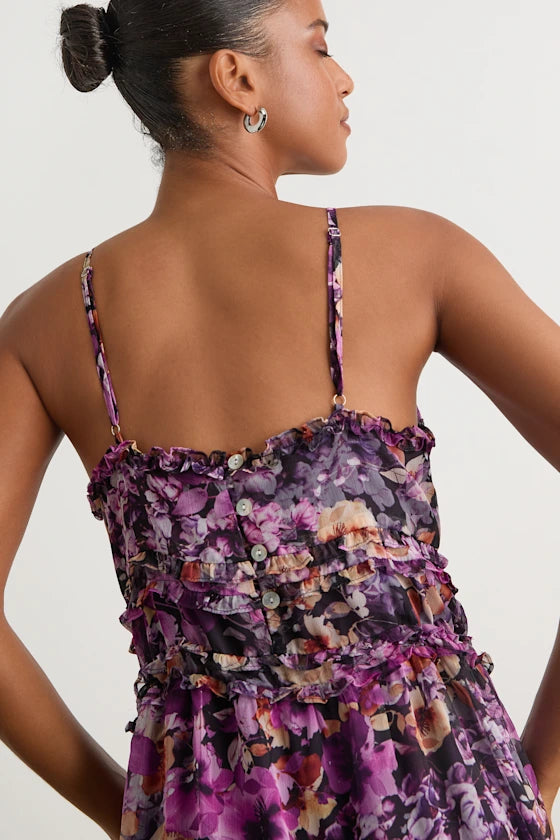 Purple Chiffon A-Line Ankle-Length Dress with V-Neck and Tiered Skirt