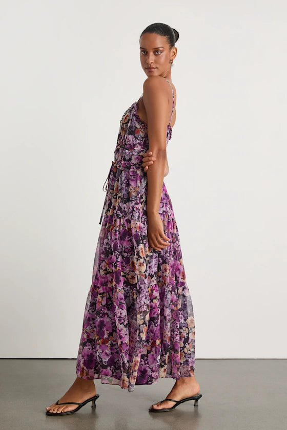 Enchanting Watercolor Floral Print Chiffon Maxi V-Neck Spaghetti Strap Ruffle Tiered Formal Evening Prom Dresses