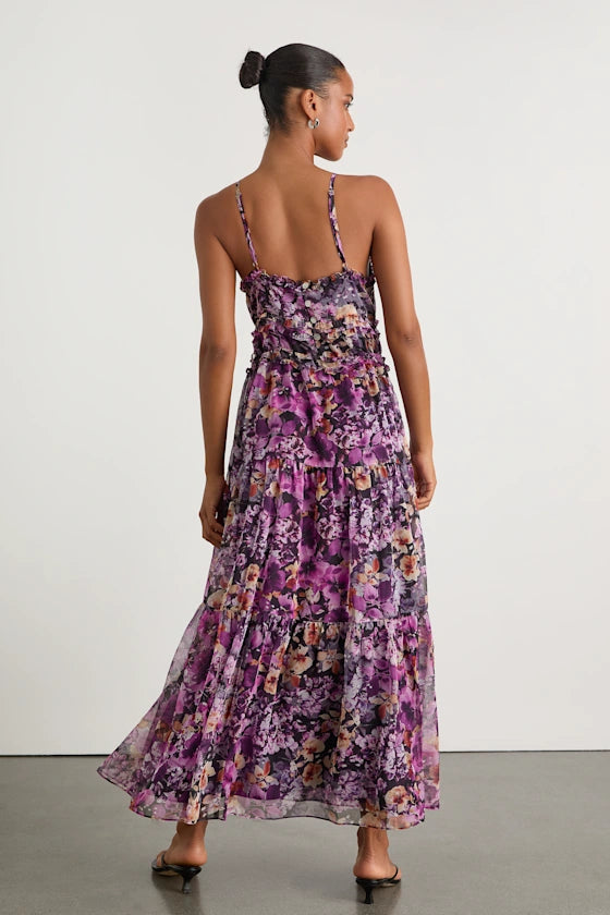 Purple Chiffon A-Line Ankle-Length Dress with V-Neck and Tiered Skirt