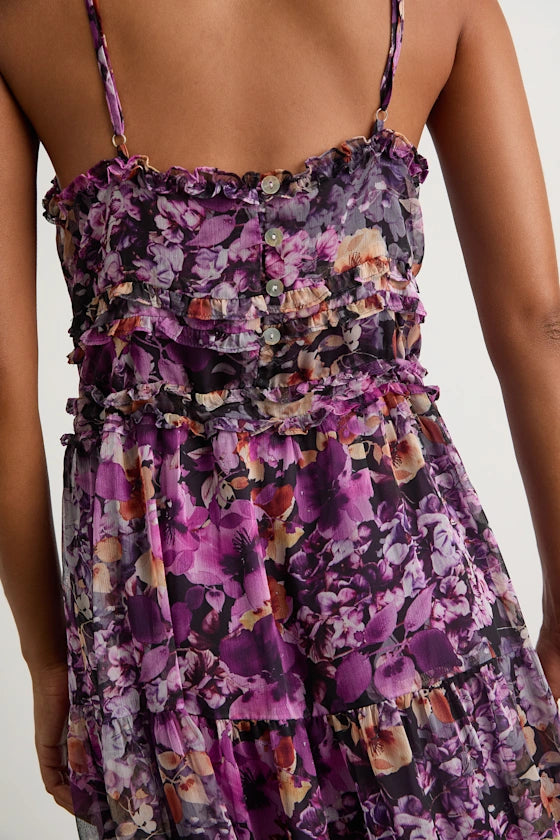 Purple Chiffon A-Line Ankle-Length Dress with V-Neck and Tiered Skirt