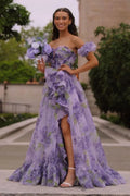 Lavender Chiffon A-Line Off-the-Shoulder Asymmetrical Dress with Ruched Bodice and High-Low Ruffled Hem
