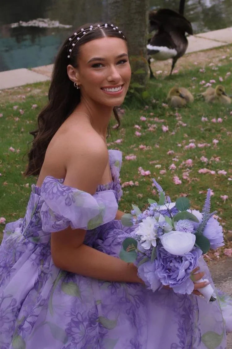 Lavender Chiffon A-Line Off-the-Shoulder Asymmetrical Dress with Ruched Bodice and High-Low Ruffled Hem