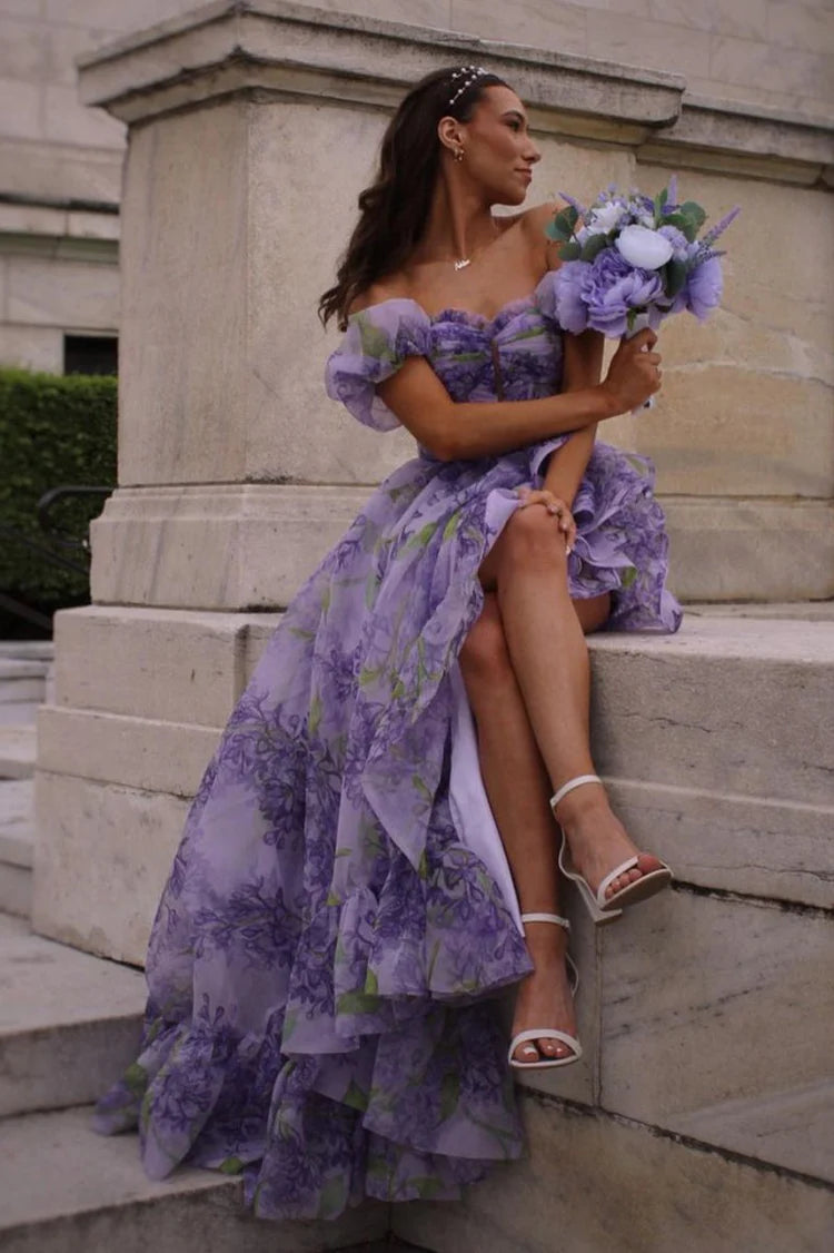 Lavender Chiffon A-Line Off-the-Shoulder Asymmetrical Dress with Ruched Bodice and High-Low Ruffled Hem